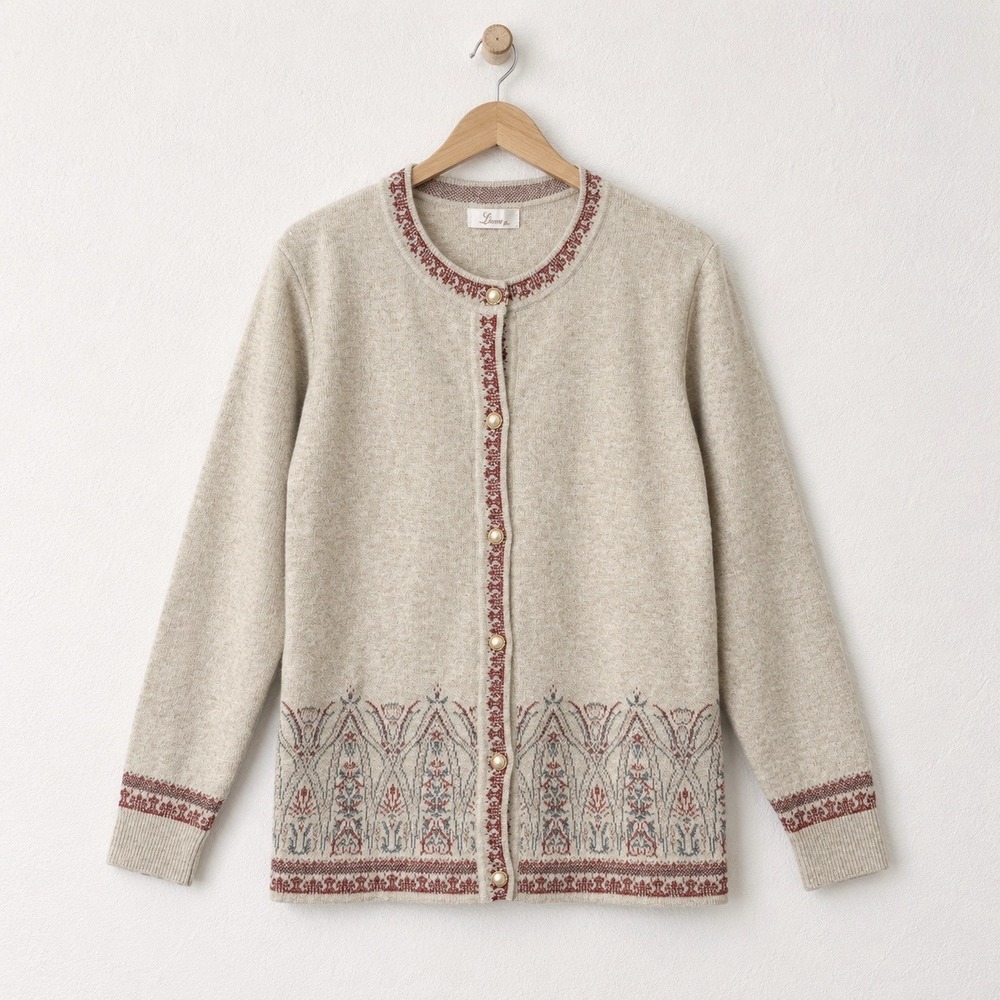 Vintage Coquette Pearl Button Wool Blend Patterned Cardigan Sweater M Grandma